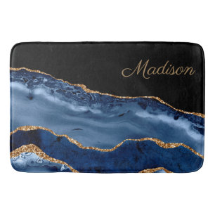 Modern Navy Blue Gold Marble Glitter Monogram Bath Mat