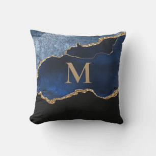 Modern Navy Blue Gold Marble Glitter Monogram Cushion