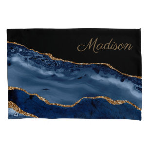 Modern Navy Blue Gold Marble Glitter Monogram Pillowcase