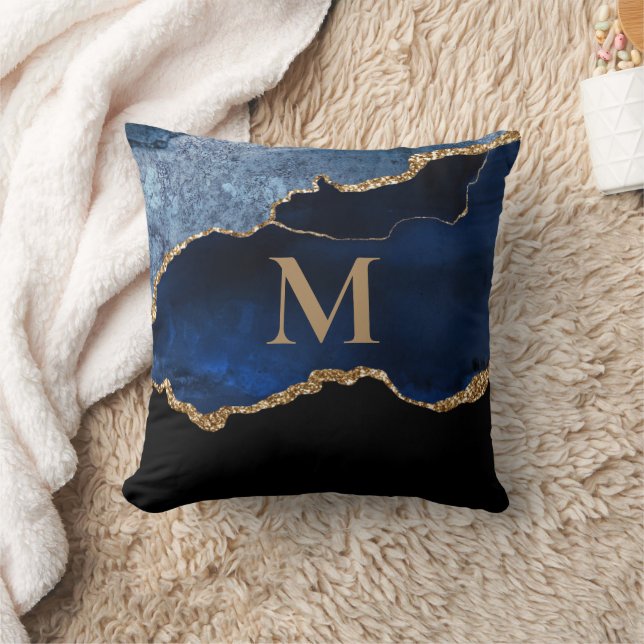Modern Navy Blue Gold Marble Glitter Monogram  Thr Cushion (Blanket)