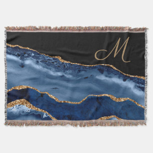 Modern Navy Blue Gold Marble Glitter Monogram Throw Blanket