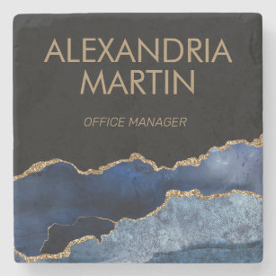Modern Navy Blue Gold Marble Glitter Office Stone Coaster