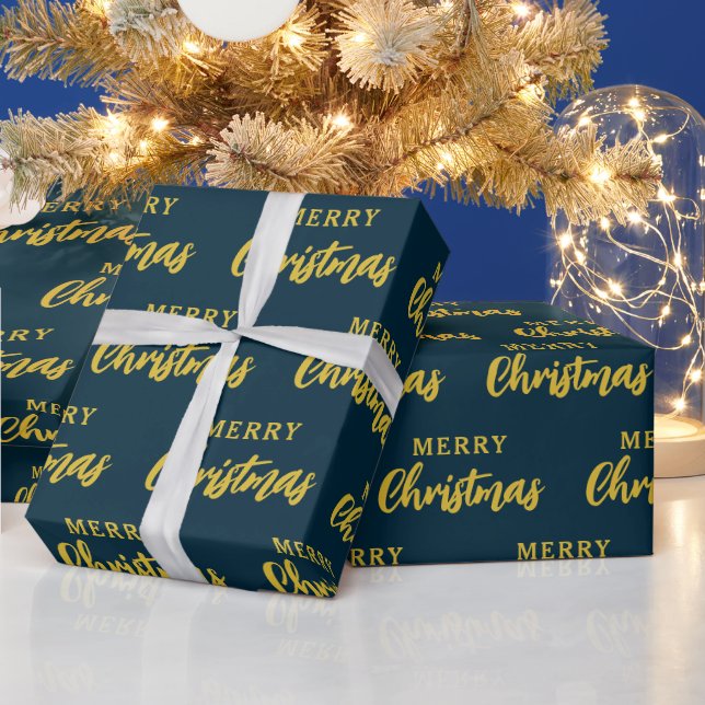 Modern Navy Blue Gold Merry Christmas Script Wrapping Paper (Holidays)