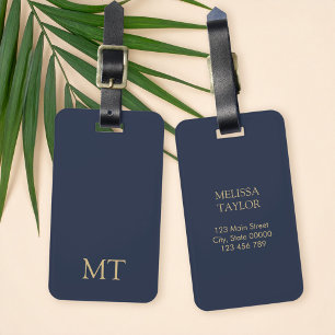 Modern Navy Blue Gold Minimalist Initial Monogram Luggage Tag