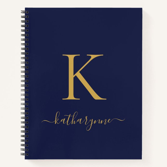 Modern Navy Blue Gold Monogram Name Notebook (Front)