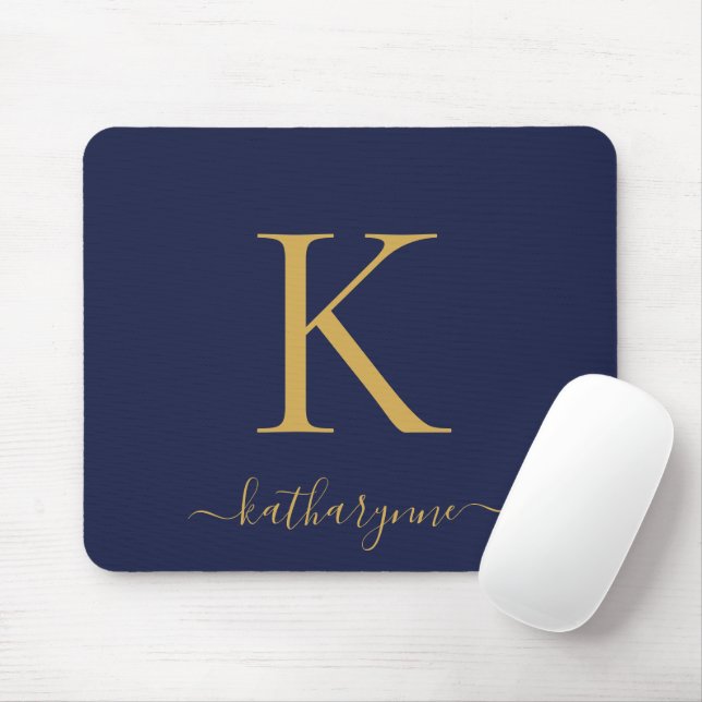 Modern Navy Blue Gold Monogram Script Mouse Pad (With Mouse)