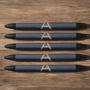 Modern Navy Blue Gold Monogram Script Name Initial Black Ink Pen