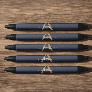 Modern Navy Blue Gold Monogram Script Name Initial Black Ink Pen
