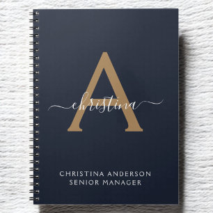 Modern Navy Blue Gold Monogram Script Name Initial Notebook