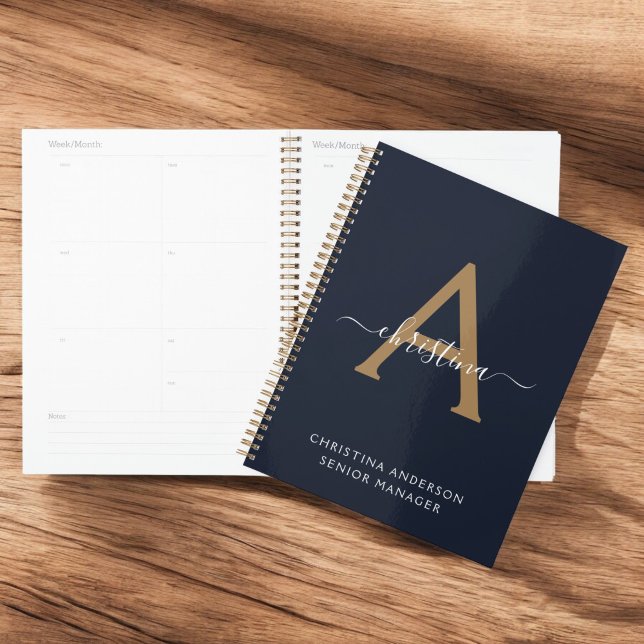 Modern Navy Blue Gold Monogram Script Name Initial Planner (Creator Uploaded)