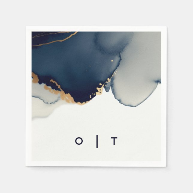 Modern Navy Blue Gold Monograms Beach Wedding Napkin (Front)