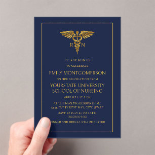 Modern Navy Blue Gold Nursing School RN Graduate Acrylic Invitations