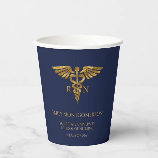 Modern Navy Blue Gold Nursing School RN Graduation Paper Cups (Front)