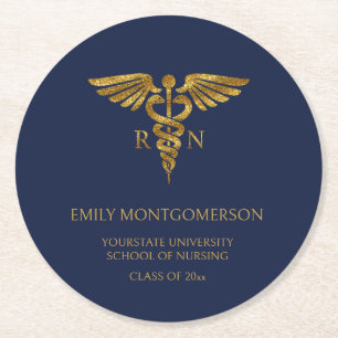 Modern Navy Blue Gold Nursing School RN Graduation Round Paper Coaster