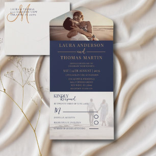 Modern Navy Blue & Gold Photo Collage Wedding All In One Invitation