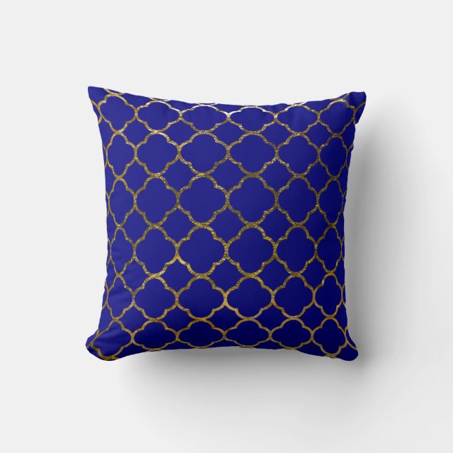 Modern Navy Blue Gold Quatrefoil Pattern Moroccan Cushion (Front)