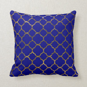 Modern Navy Blue Gold Quatrefoil Pattern Moroccan Cushion