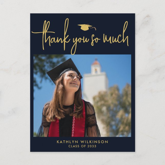 Modern Navy Blue Gold Script Minimalist Thank You Postcard (Front)