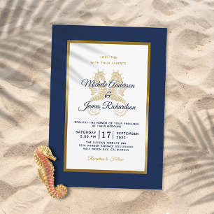 Modern Navy Blue Gold Seahorses Elegant Wedding Invitation