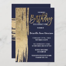 Modern Navy Blue Gold Simple Brushstrokes Birthday
