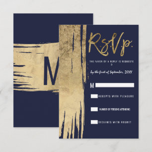 Modern Navy Blue Gold Simple Brushstrokes RSVP Invitation