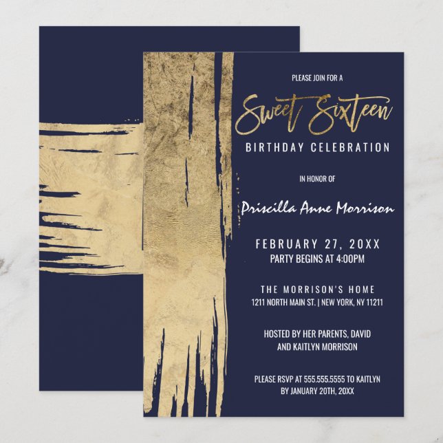 Modern Navy Blue Gold Simple Brushstrokes Sweet 16 Invitation (Front/Back)