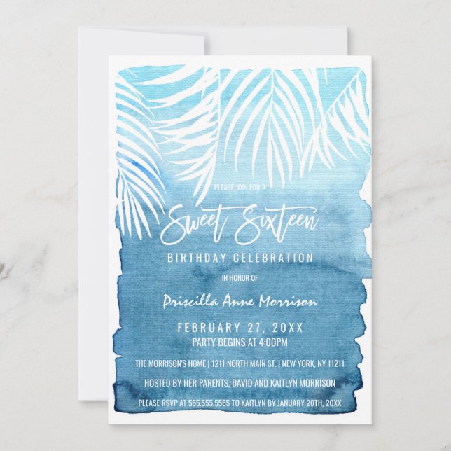Modern Navy Blue Gold Simple Brushstrokes Sweet 16 Invitation (Front)