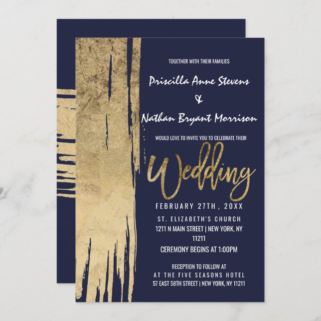 Modern Navy Blue Gold Simple Brushstrokes Wedding Invitation (Front/Back)