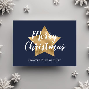 Modern Navy Blue Gold Star Merry Christmas  Postcard