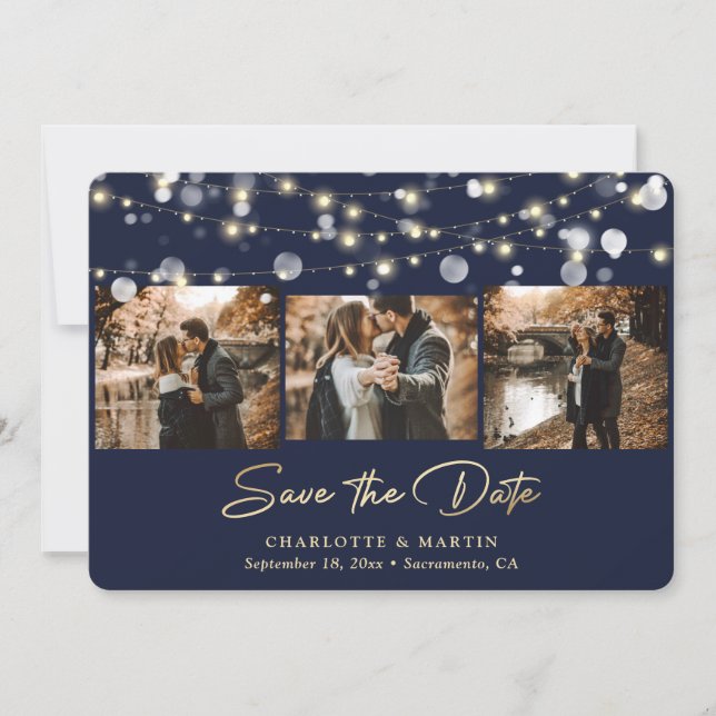 Modern Navy Blue Gold Wedding Photo Save The Date (Front)