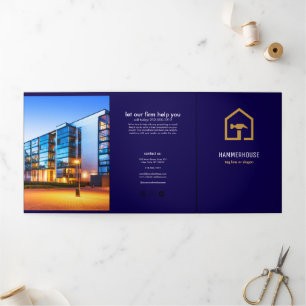 Modern Navy Blue & Golden Construction Building Tri-Fold Card
