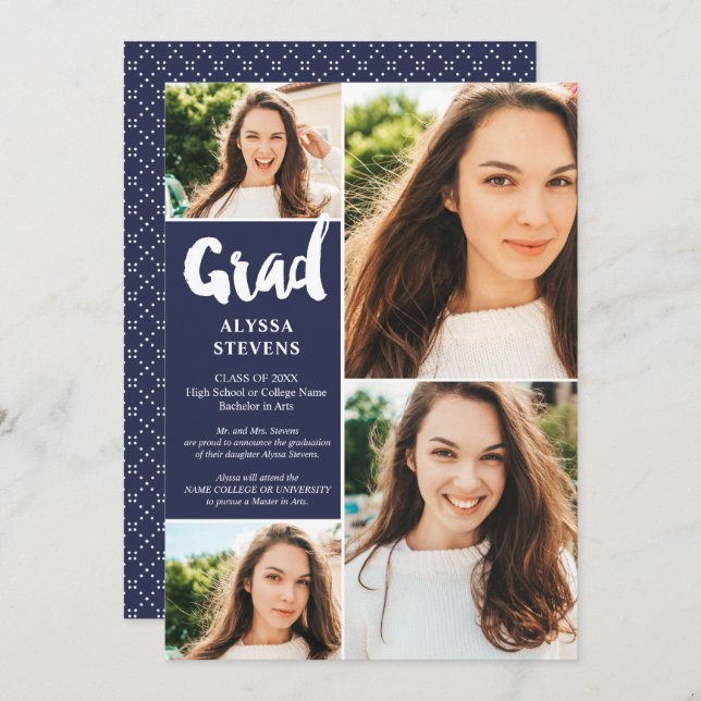 Modern navy blue Grad script 4 photos graduation Invitation (Front/Back)