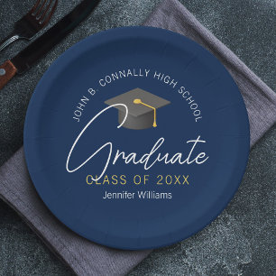 Modern Navy Blue Graduate Custom Graduation Party Paper Plate