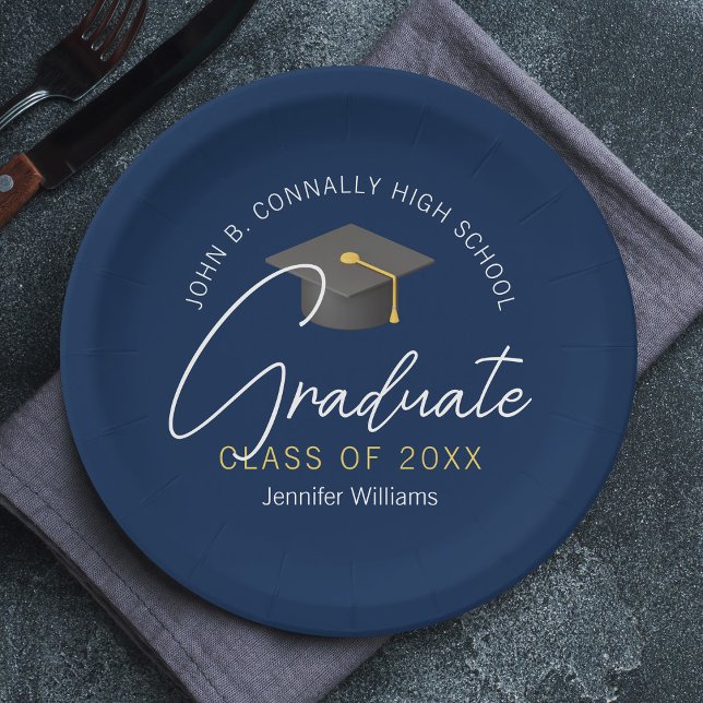 Modern Navy Blue Graduate Custom Graduation Party Paper Plate (Creator Uploaded)