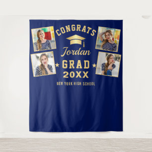 Modern Navy Blue Graduation 4 Photo Booth Backdrop Tapestry