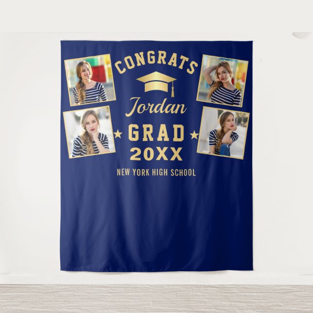 Modern Navy Blue Graduation 4 Photo Booth Backdrop Tapestry (Front)