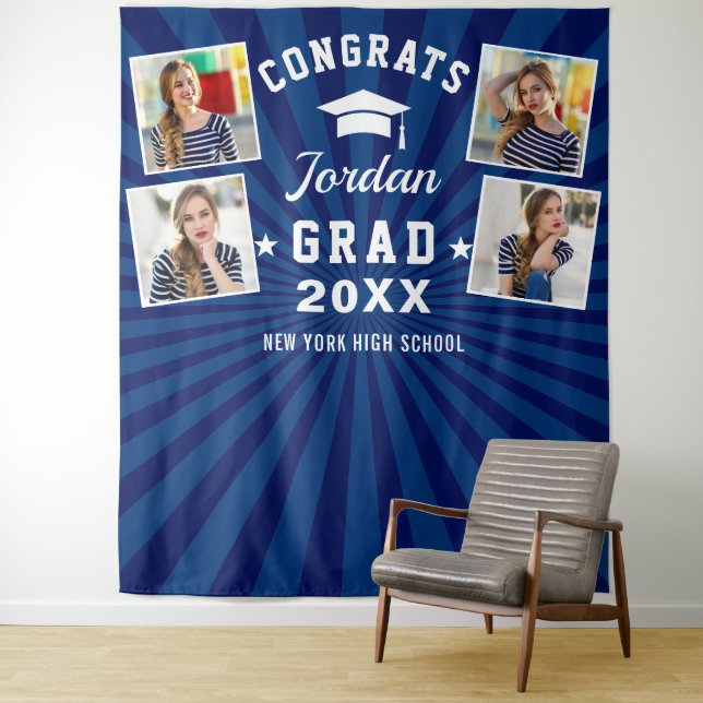 Modern Navy Blue Graduation 4 Photo Booth Backdrop Tapestry (In Situ)