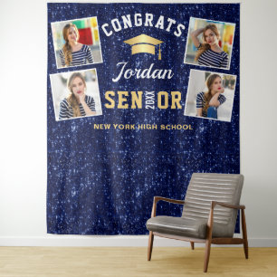 Modern Navy Blue Graduation 4 Photo Booth Backdrop Tapestry