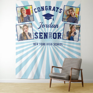 Modern Navy Blue Graduation 4 Photo Booth Backdrop Tapestry