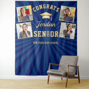 Modern Navy Blue Graduation 4 Photo Booth Backdrop Tapestry