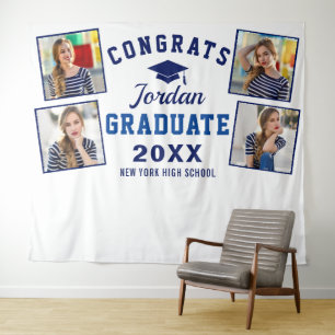 Modern Navy Blue Graduation 4 Photo Booth Backdrop Tapestry