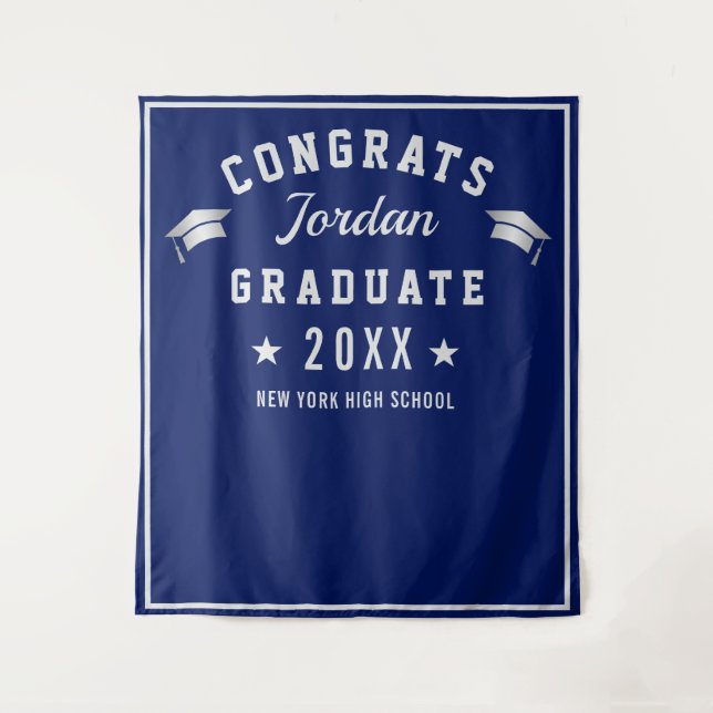 Modern Navy Blue Graduation Photo Booth Backdrop Tapestry (Front)
