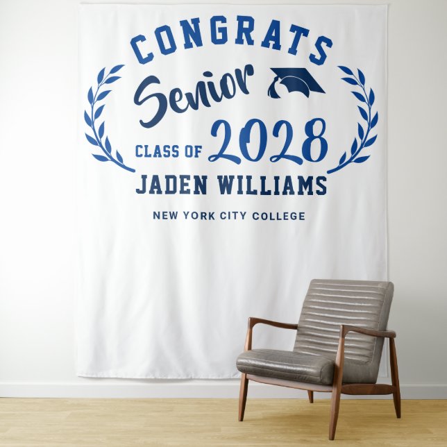 Modern Navy Blue Graduation Photo Booth Backdrop Tapestry (In Situ)