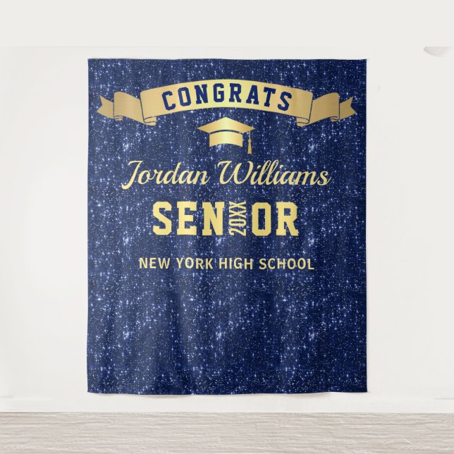 Modern Navy Blue Graduation Photo Booth Backdrop Tapestry (Front)
