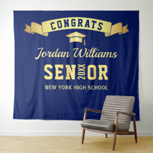 Modern Navy Blue Graduation Photo Booth Backdrop Tapestry
