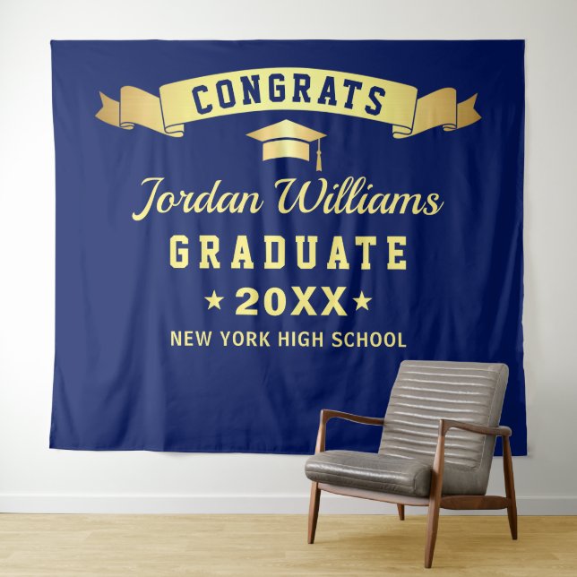 Modern Navy Blue Graduation Photo Booth Backdrop Tapestry (In Situ (Horizontal))