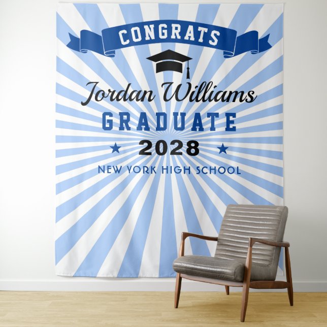Modern Navy Blue Graduation Photo Booth Backdrop Tapestry (In Situ)