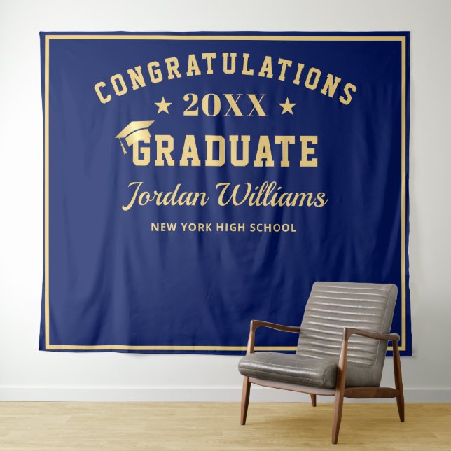 Modern Navy Blue Graduation Photo Booth Backdrop Tapestry (In Situ (Horizontal))