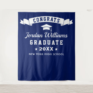 Modern Navy Blue Graduation Photo Booth Backdrop Tapestry