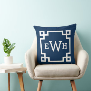 Modern Navy Blue Greek Key Custom Monogram Cushion